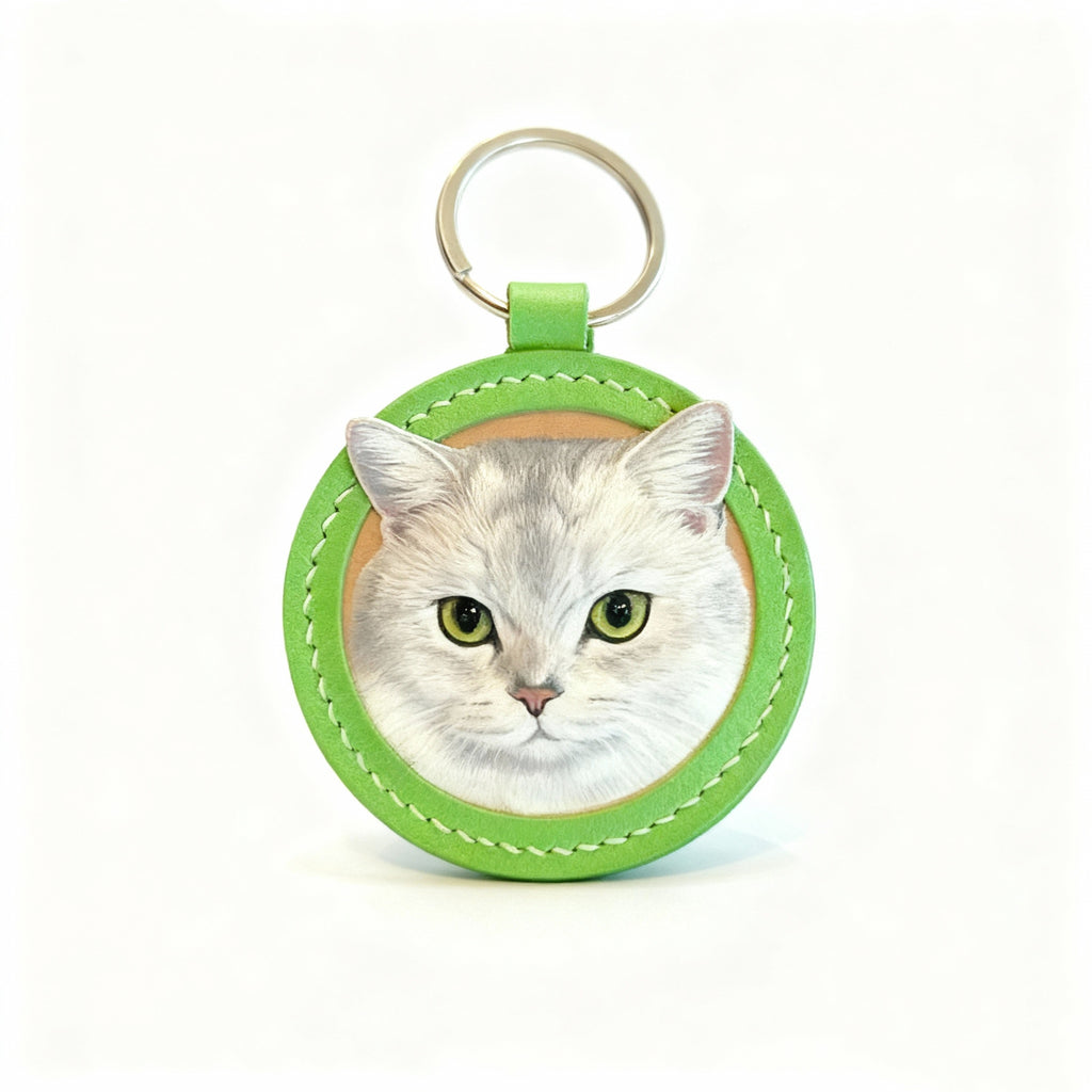 Personalized Cat Leather Keychain | Custom Photo Engraved Pet Tag for Keys & Bags - Handmade Real Leather Grey Tabby Pet Accessory